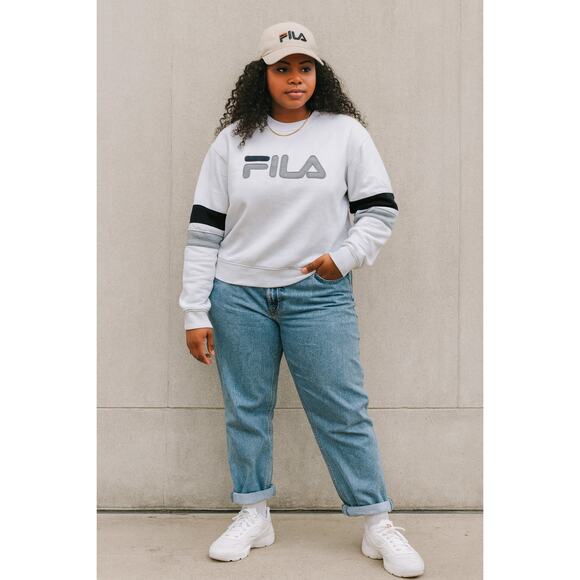 FILA Logo Sweatshirt White Crewneck Black Stripe Sleeve Casual Retro Adult XL - Picture 1 of 15